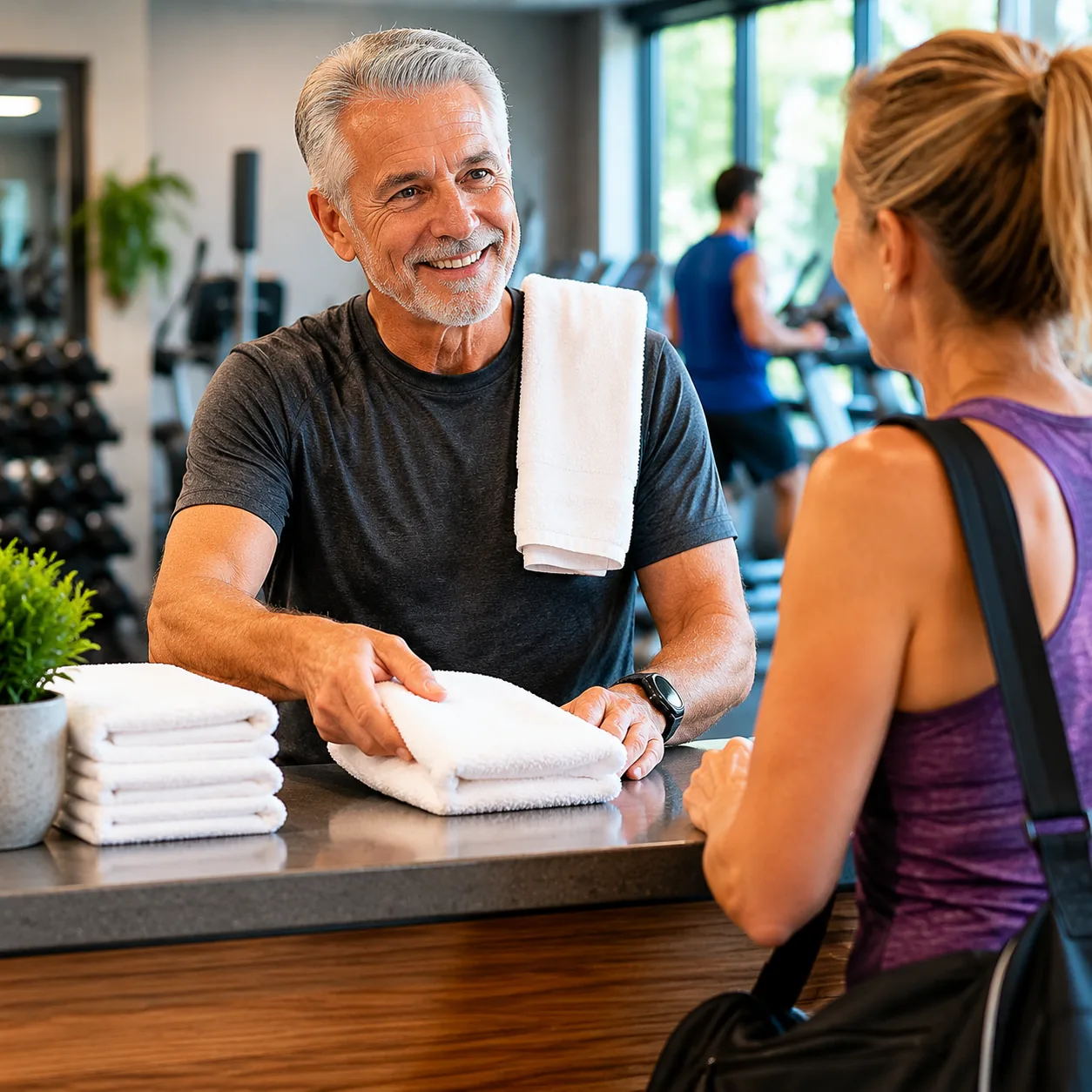 Realistic editorial photo of an older fitness desk attendant checking towels and greeting members at a small gym front d