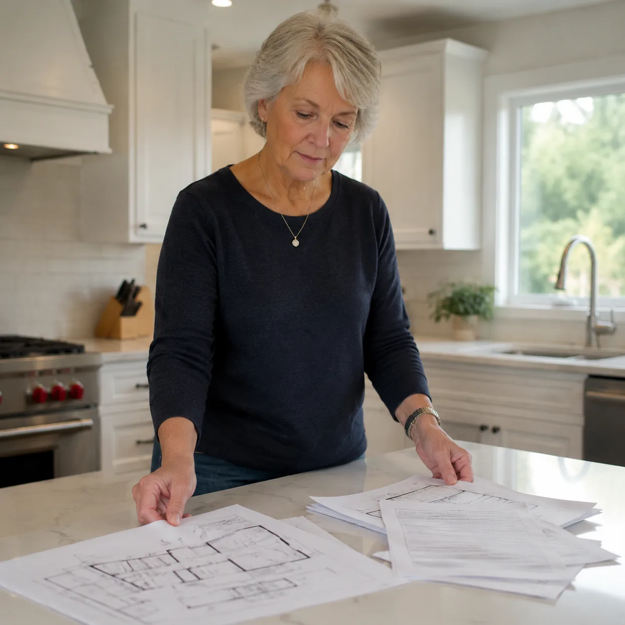 Realistic editorial photo of an older homeowner placing renovation drawings and HOA forms on a kitchen island, practical