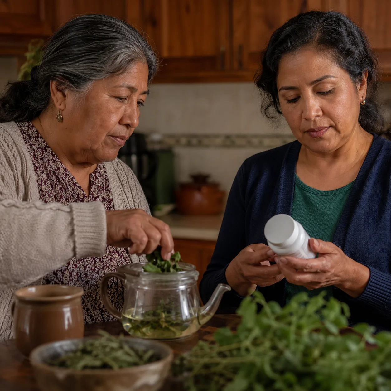 Realistic editorial photo of an older Latino relative preparing herbal tea while an adult child reads a medicine label n
