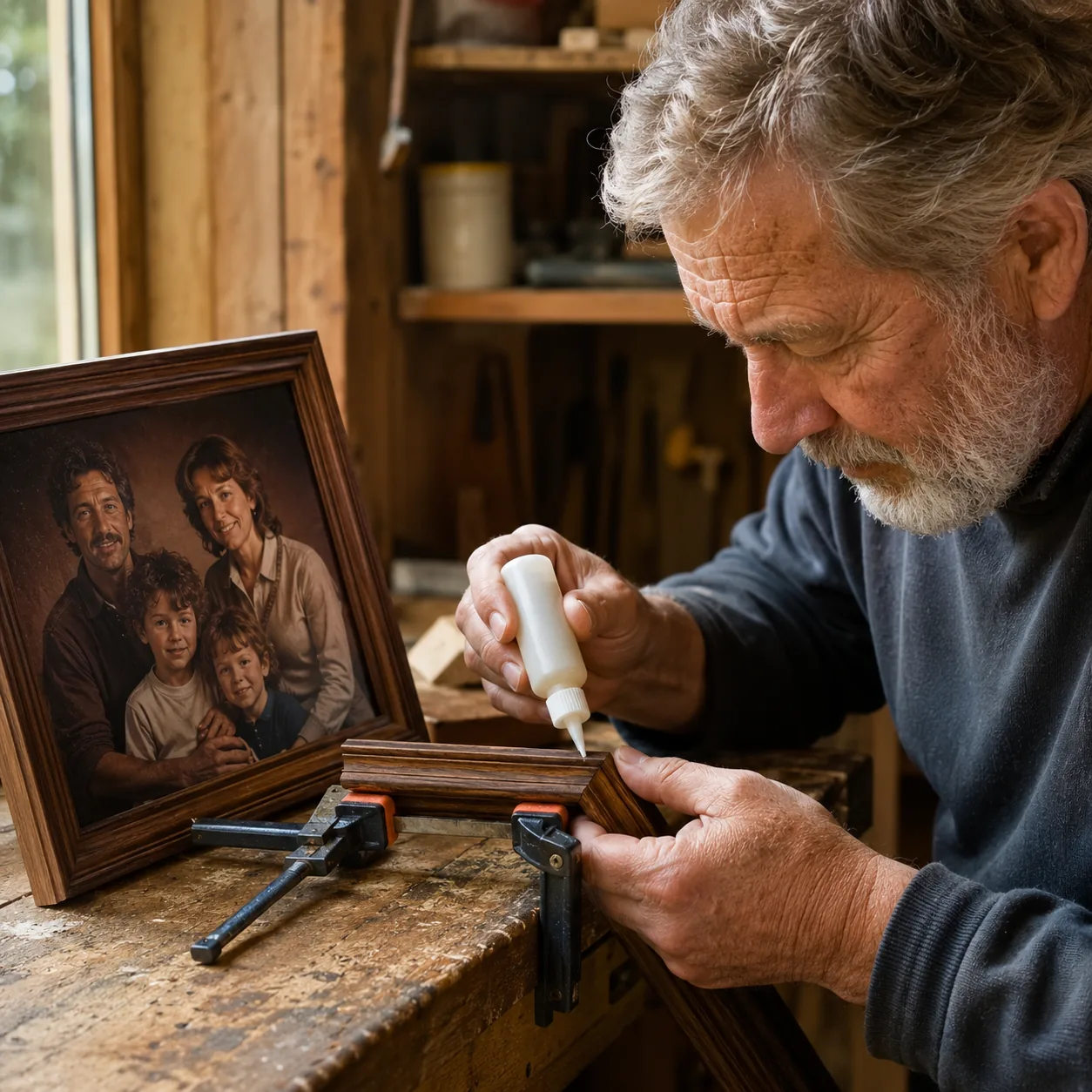 Realistic editorial photo of an older man repairing the corner of a wooden picture frame with glue and clamps beside a f