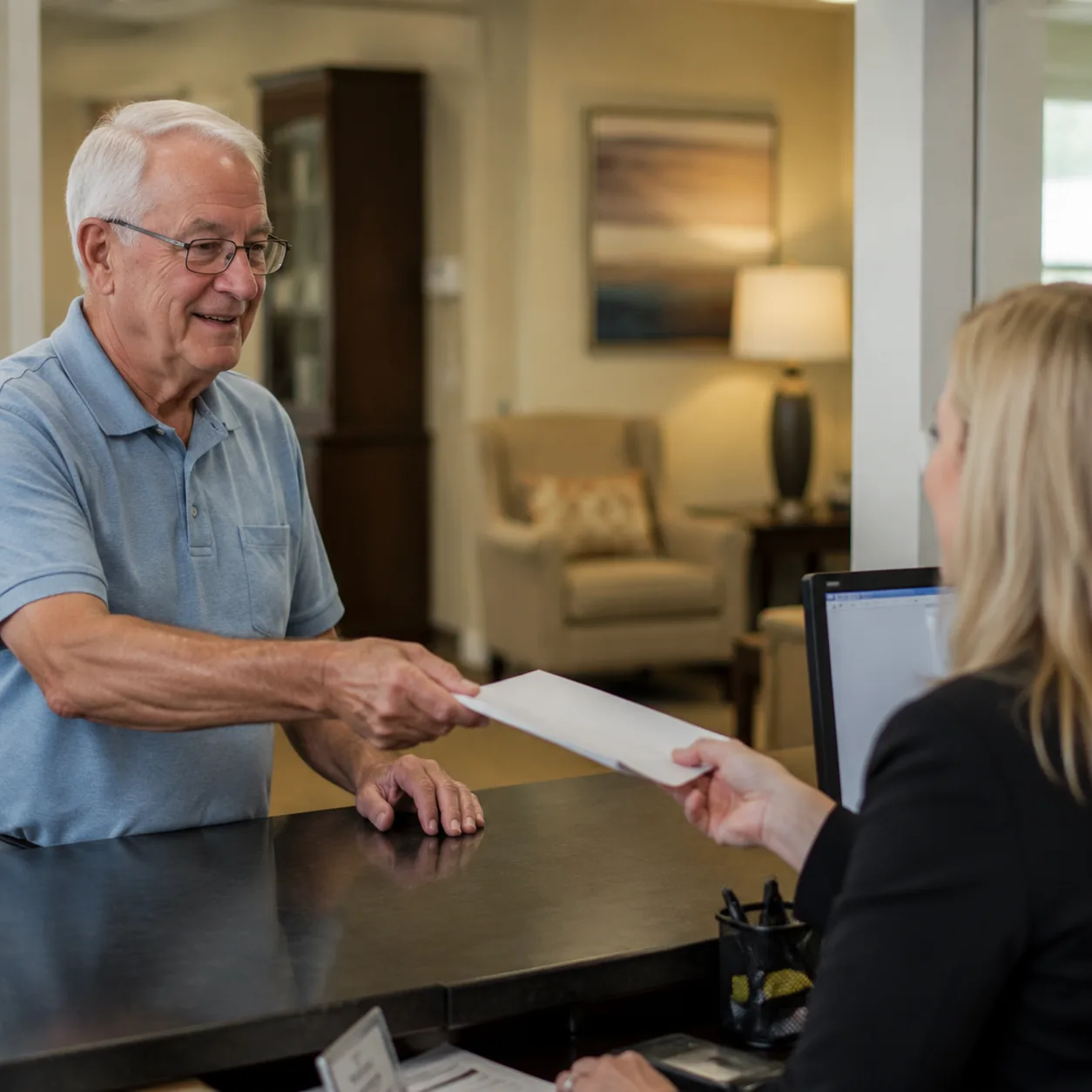 Realistic editorial photo of an older resident submitting a maintenance request at a retirement community office desk, p