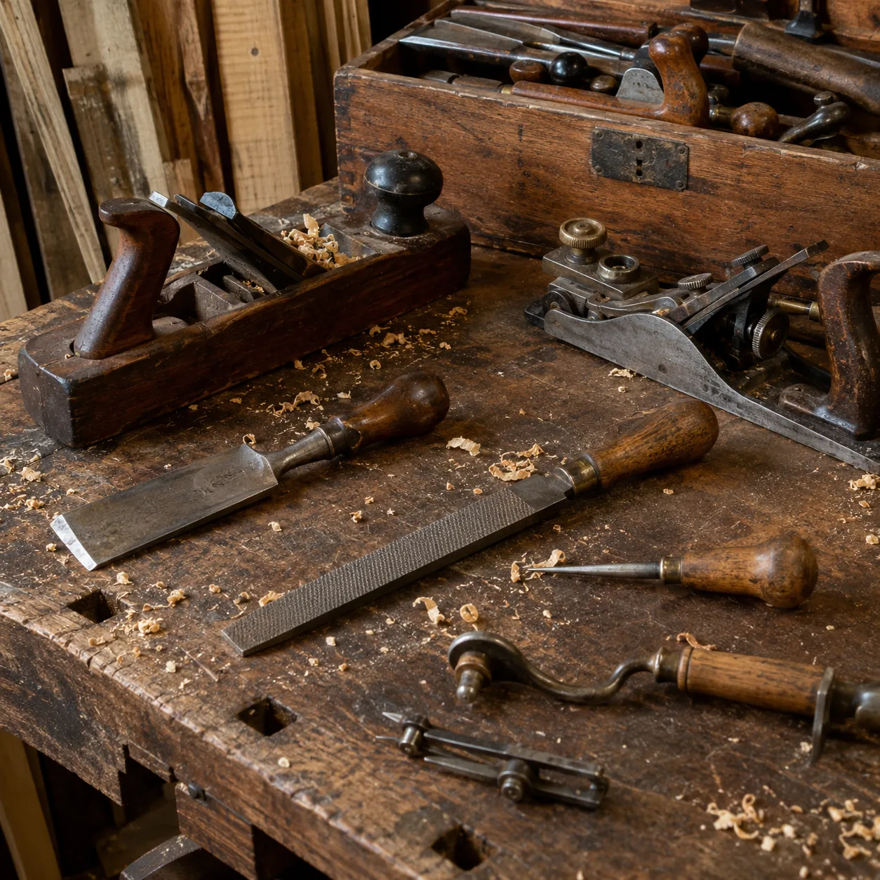 Realistic editorial photo of antique hand tools arranged on a garage bench with wood shavings, practical workshop scene,