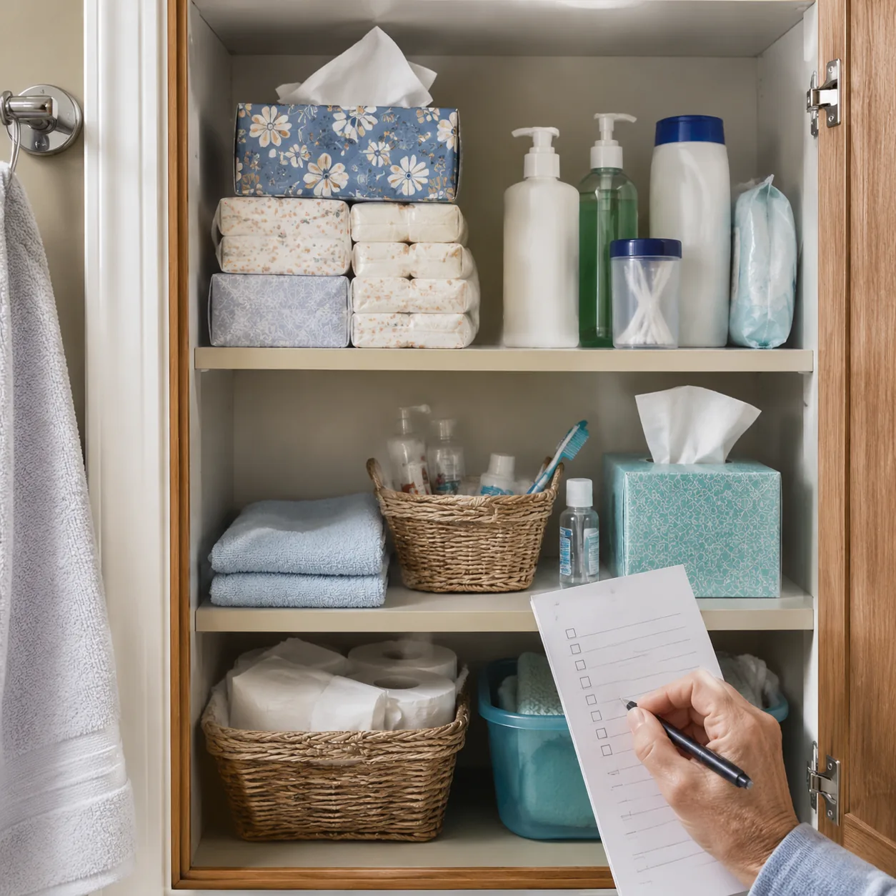 Realistic editorial photo of care supplies, tissues, toiletries, and a small inventory checklist in an assisted living b