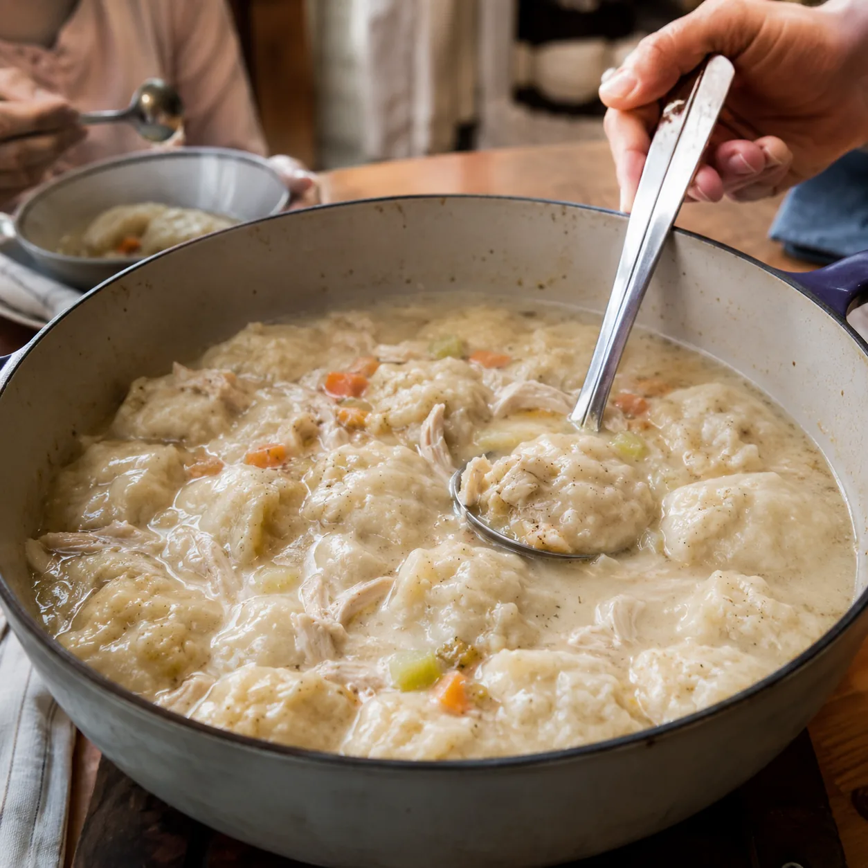 Realistic editorial photo of chicken and dumplings in a wide pot with mostly dumplings and broth, practical family suppe