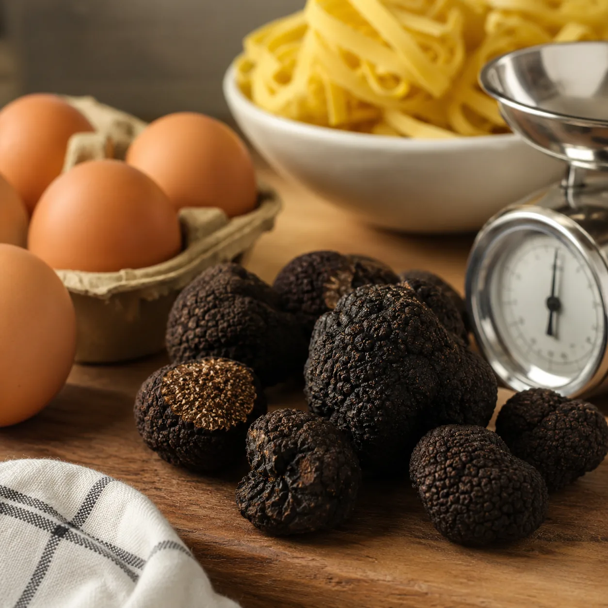 Realistic editorial photo of fresh truffles beside eggs, pasta, and a small kitchen scale, practical gourmet cooking sty