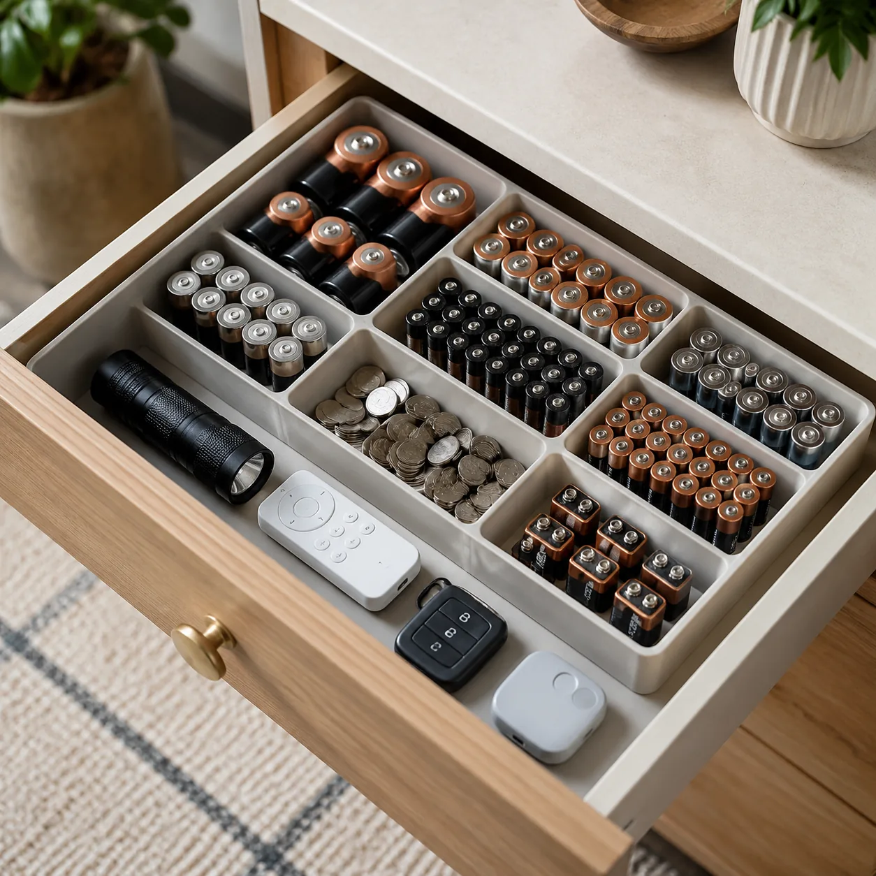Realistic editorial photo of household batteries organized in a drawer with small devices nearby, practical home organiz
