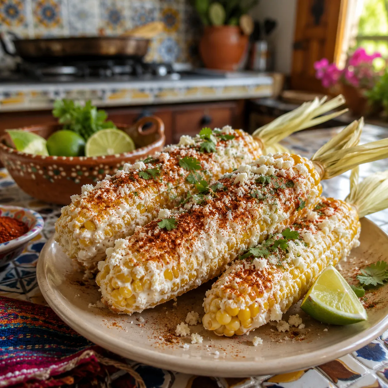 Realistic editorial photo of Mexican street corn with crema, cheese, chili, and lime on a plate in a home kitchen settin