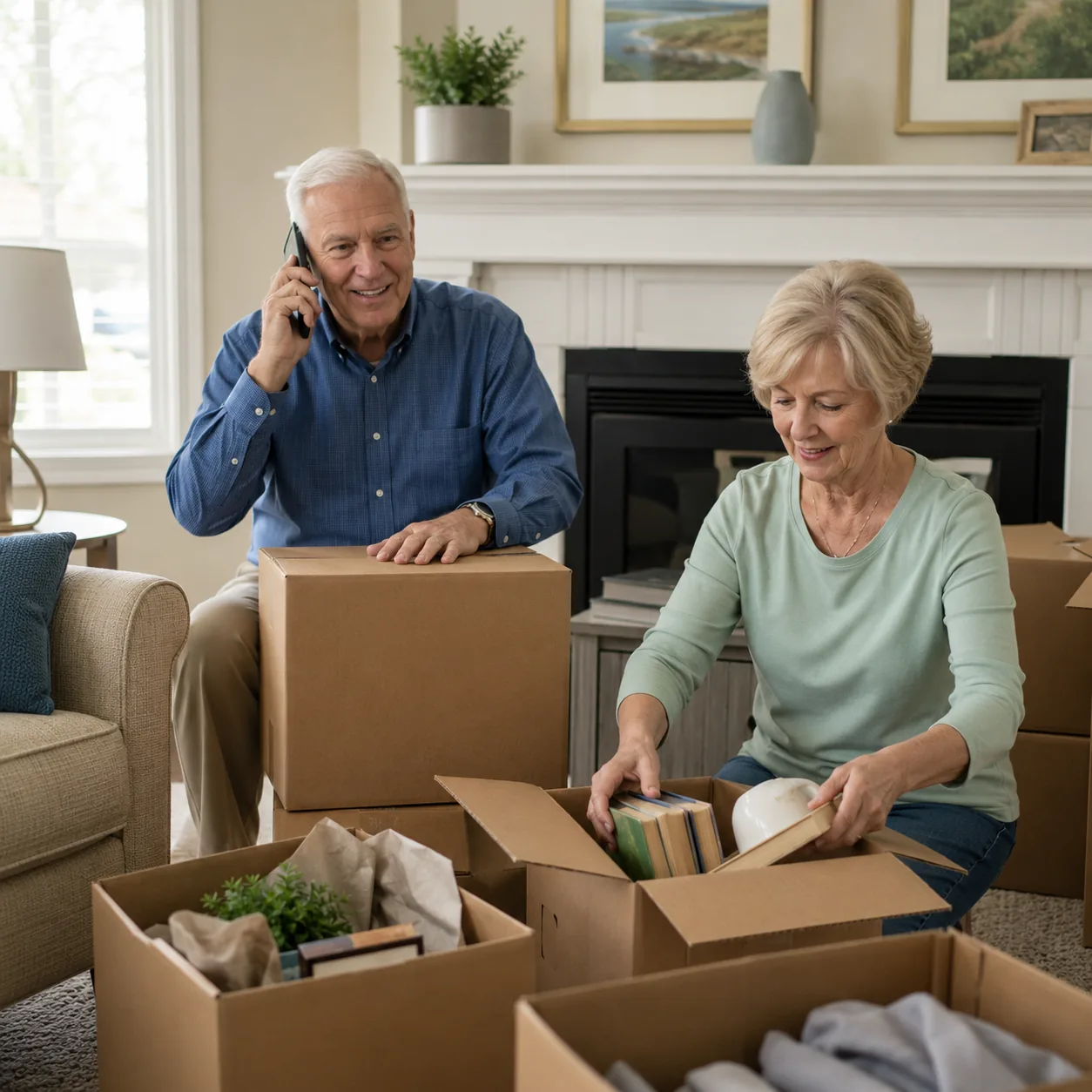 Realistic editorial photo of older homeowners packing boxes while calling movers in a quiet retirement town living room,