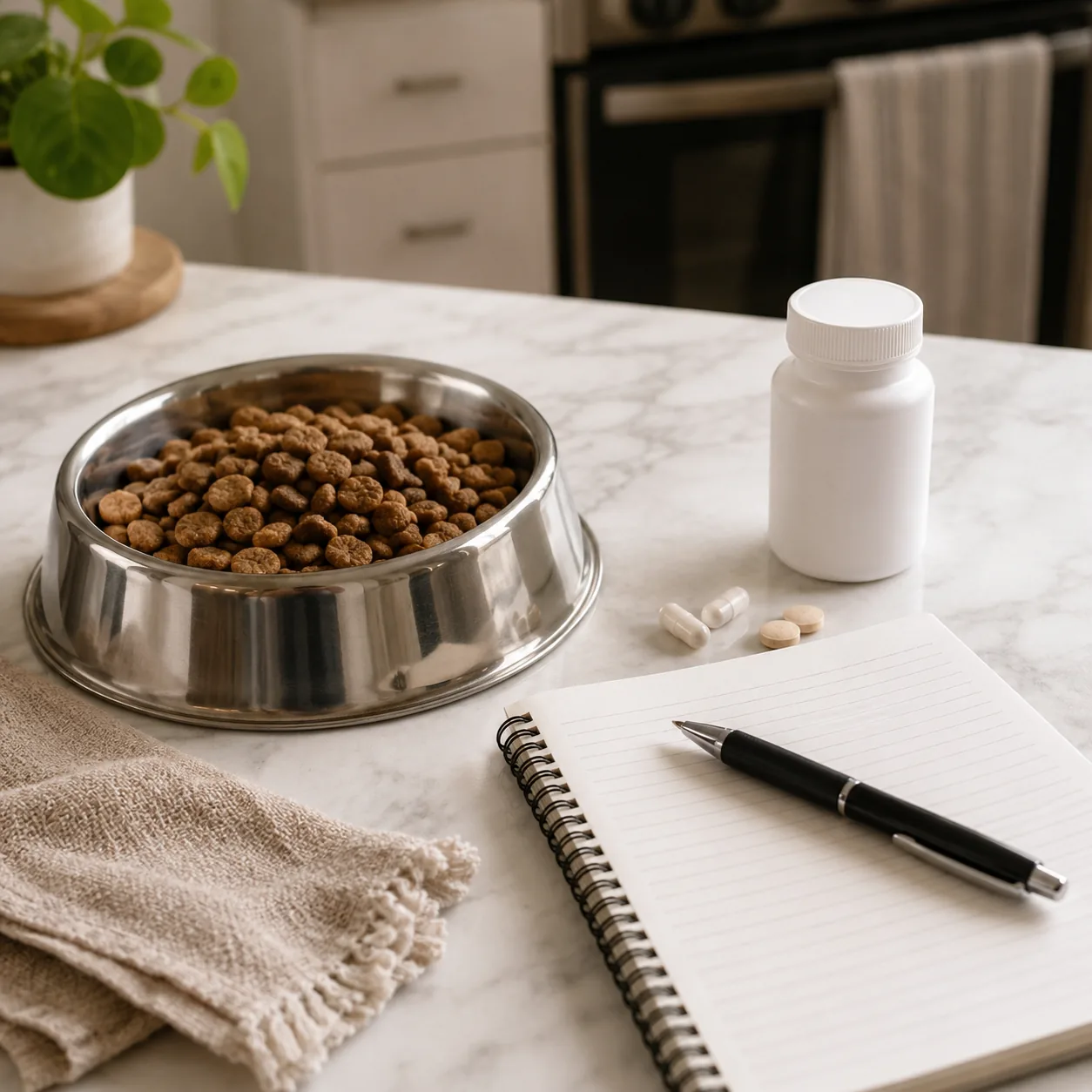 Realistic editorial photo of pet food, a pet medication bottle, and a household budget notebook on a counter, practical
