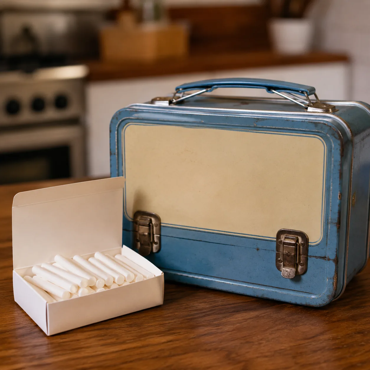 Realistic editorial photo of white candy sticks in a small open box beside a retro lunchbox on a kitchen table, practica