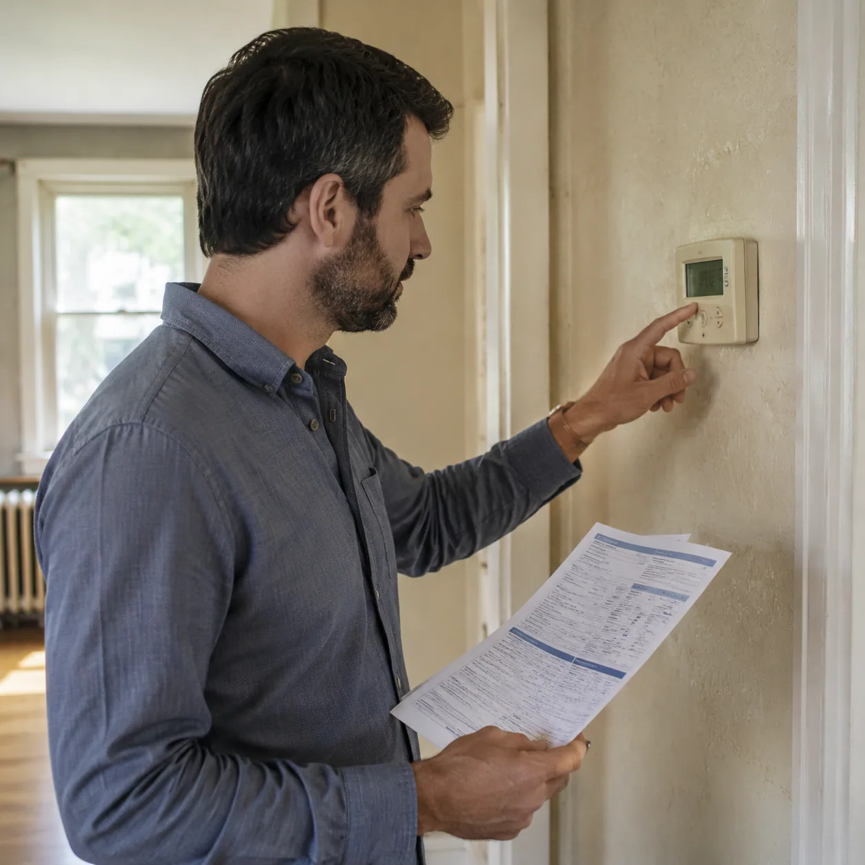Realistic editorial photo of a buyer reviewing utility bills and thermostat settings in an older home, warm natural ligh
