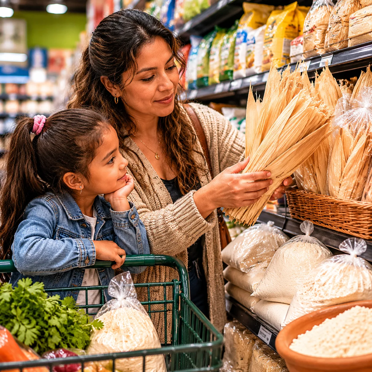 Realistic editorial photo of a child watching a parent choose dried corn husks and masa flour near a Latino grocery baki
