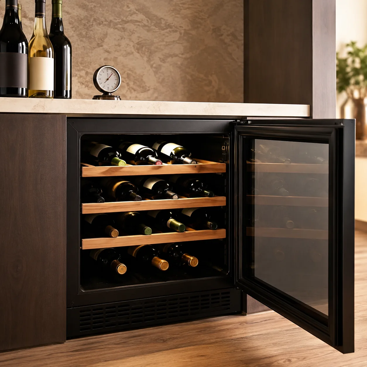 Realistic editorial photo of a compact wine refrigerator under a counter with bottles and a thermometer nearby, practica
