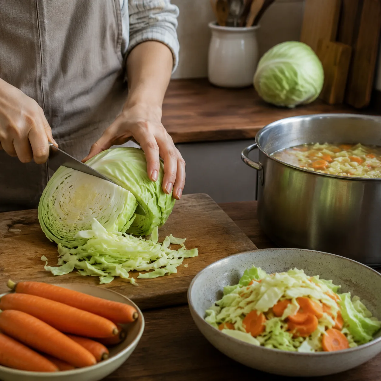 Realistic editorial photo of a head of cabbage being sliced beside carrots and a soup pot on a kitchen counter, practica