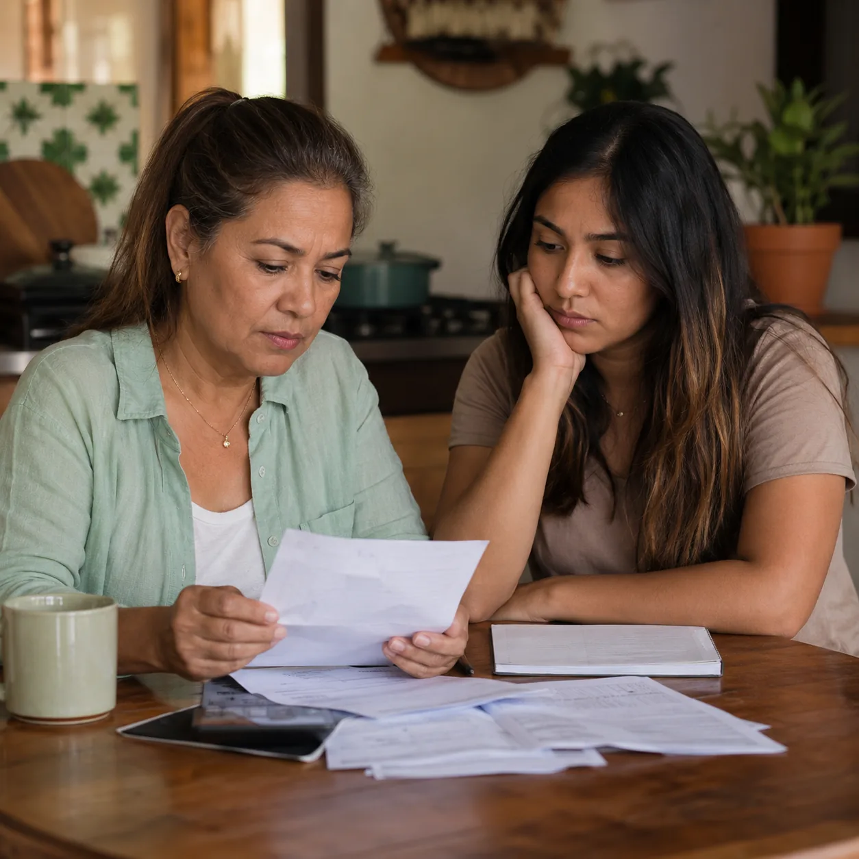 Realistic editorial photo of a Latina mother and adult child reviewing a household budget at a kitchen table, warm natur
