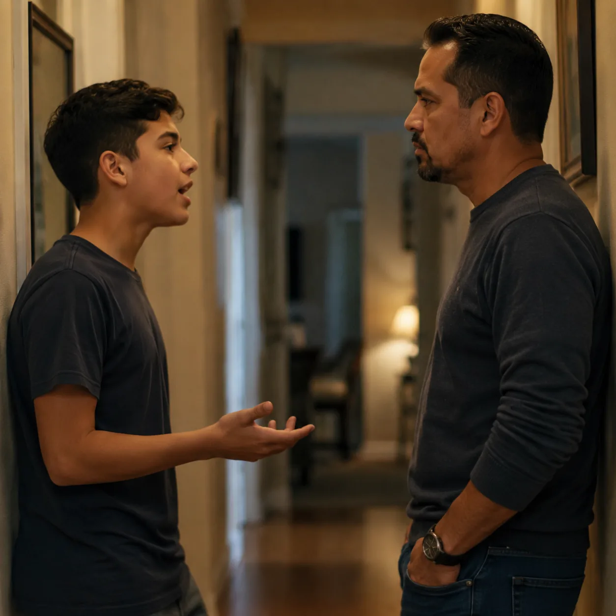 Realistic editorial photo of a Latino teenager speaking back while a parent pauses with a serious expression in a hallwa