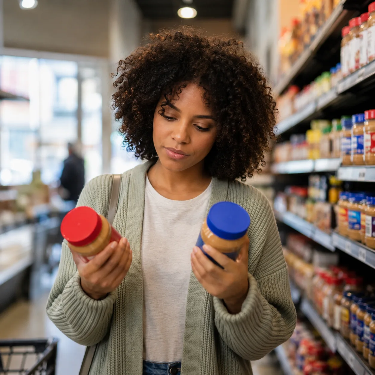Realistic editorial photo of a person comparing two store-brand and name-brand pantry items in a grocery aisle, warm nat