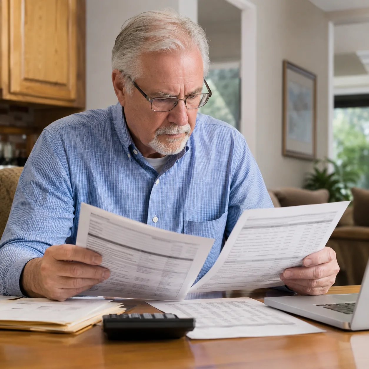 Realistic editorial photo of a retired homeowner reviewing an HOA fine schedule and monthly statement at a desk, practic