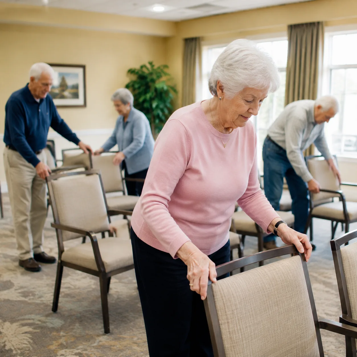 Realistic editorial photo of a retirement community activity room with a few older volunteers setting up chairs before a