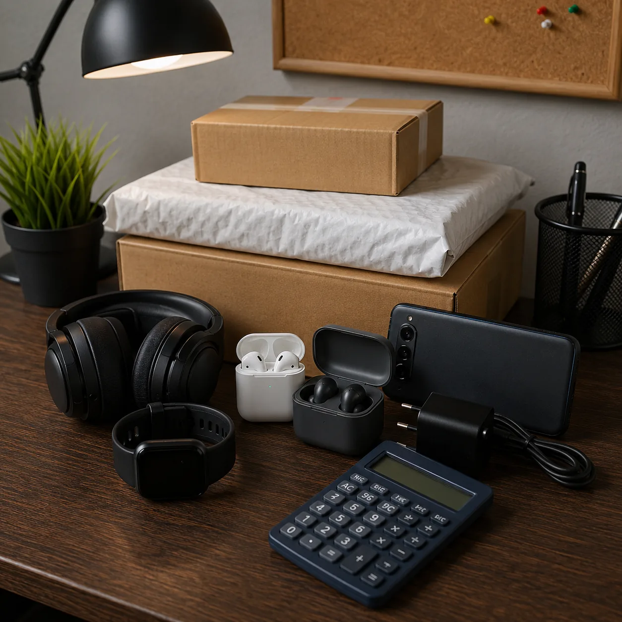 Realistic editorial photo of a small electronics deal haul on a desk with shipping boxes and calculator, practical onlin