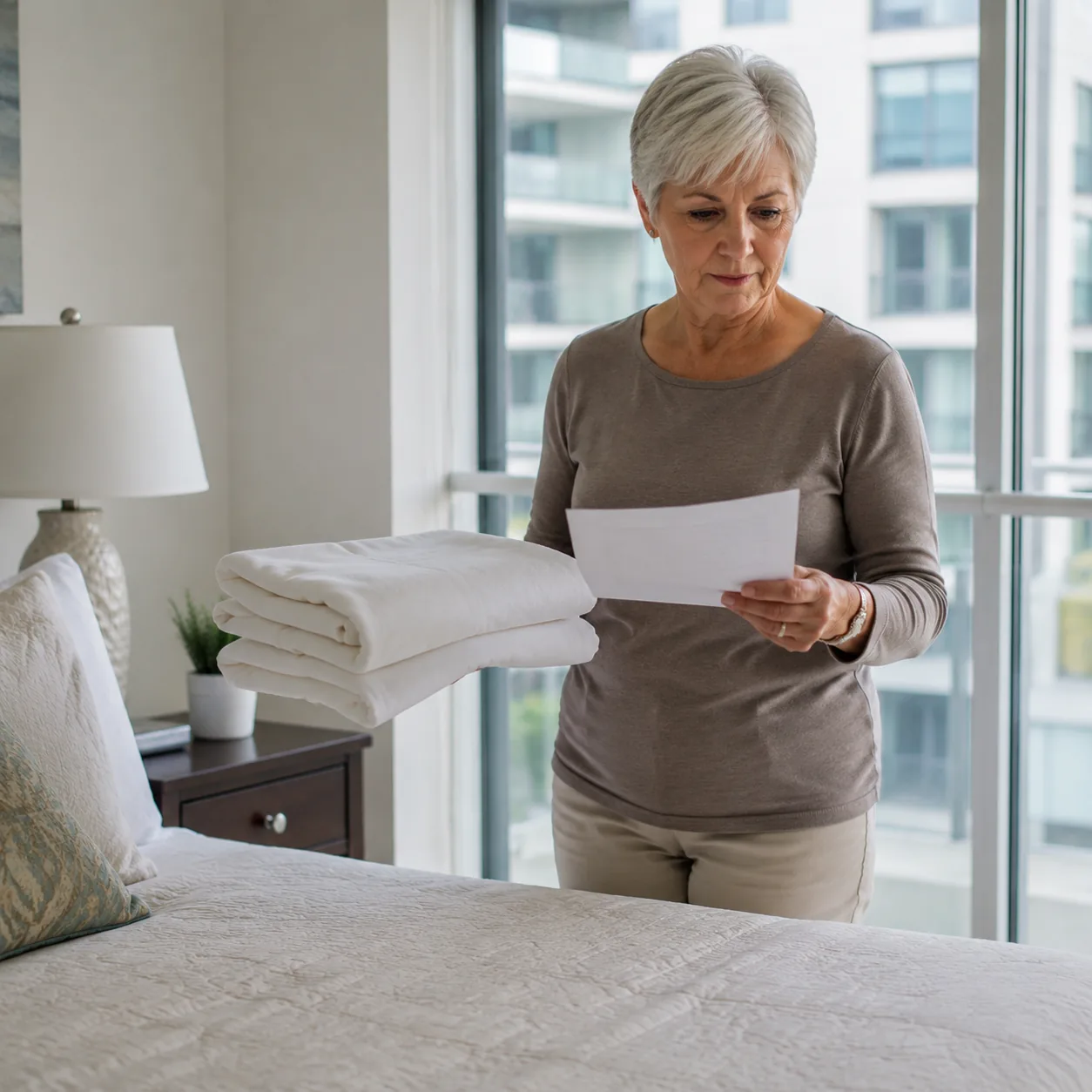 Realistic editorial photo of an older condo owner preparing a guest room with folded sheets while checking visitor rules