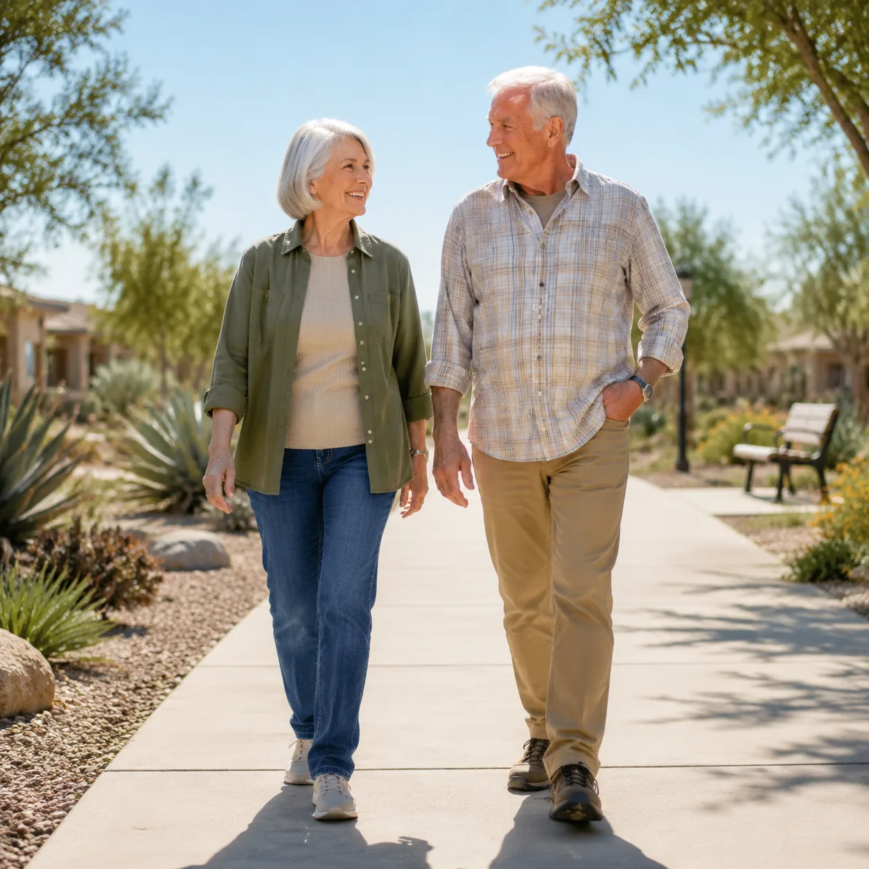 Realistic editorial photo of an older couple walking a sunny 55 plus community sidewalk with sparse shade and benches in