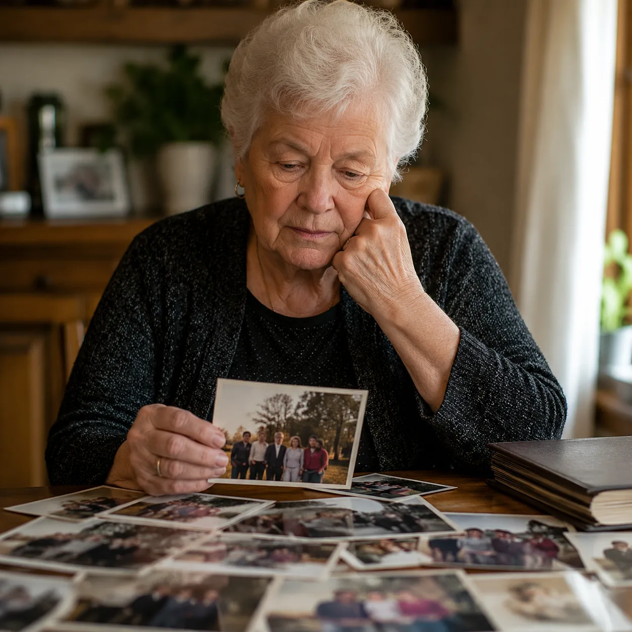 Realistic editorial photo of an older grandparent sitting alone with family photos spread across a table, warm natural l
