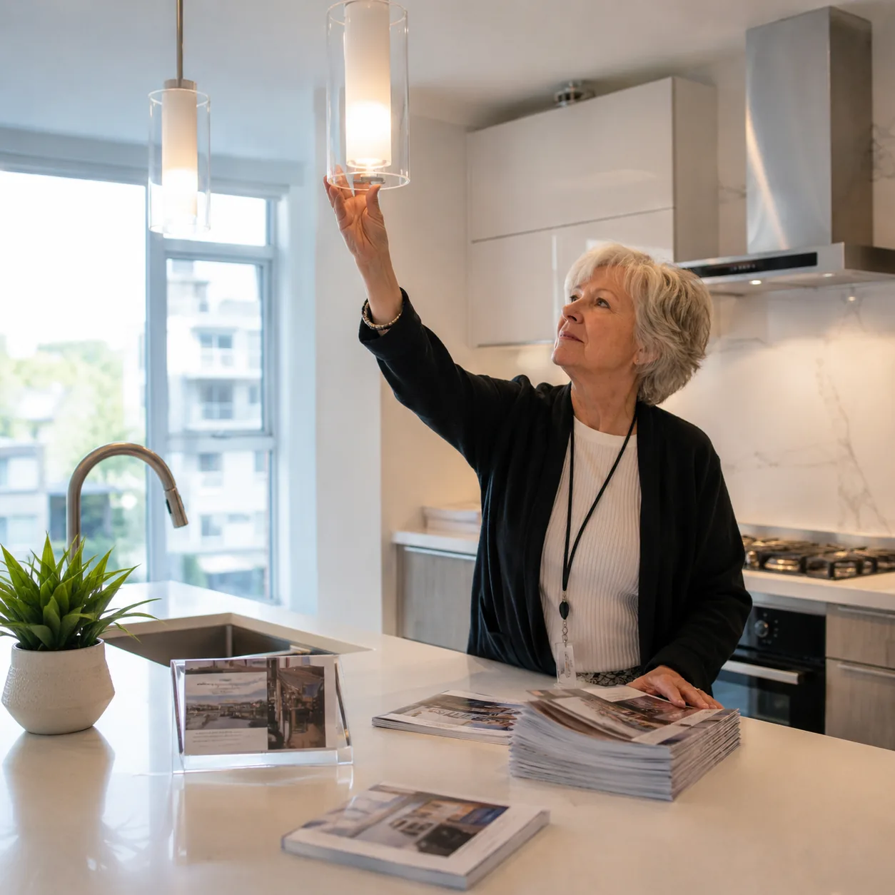 Realistic editorial photo of an older open house host arranging brochures and turning on lights in a staged condo kitche
