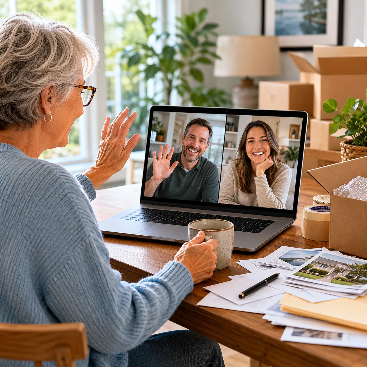Realistic editorial photo of an older parent on a video call with adult children while moving papers sit on a table, pra