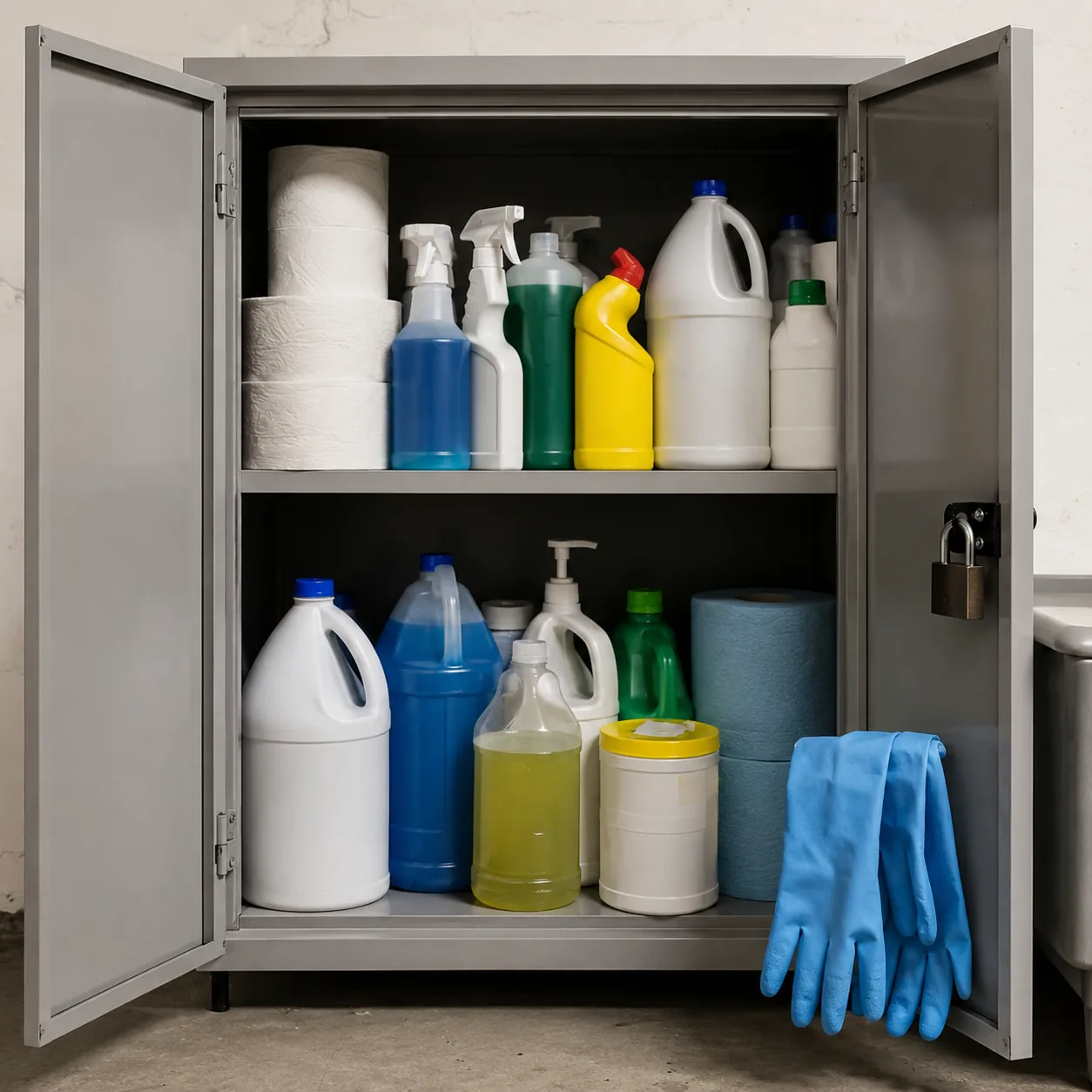 Realistic editorial photo of bulk cleaning supplies organized in a locked utility cabinet with gloves nearby, practical