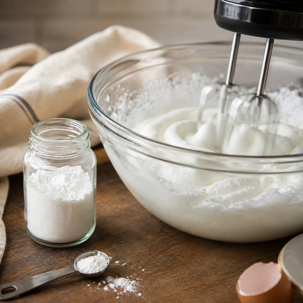 Realistic editorial photo of cream of tartar in a small spice jar beside egg whites being whipped in a mixing bowl, prac