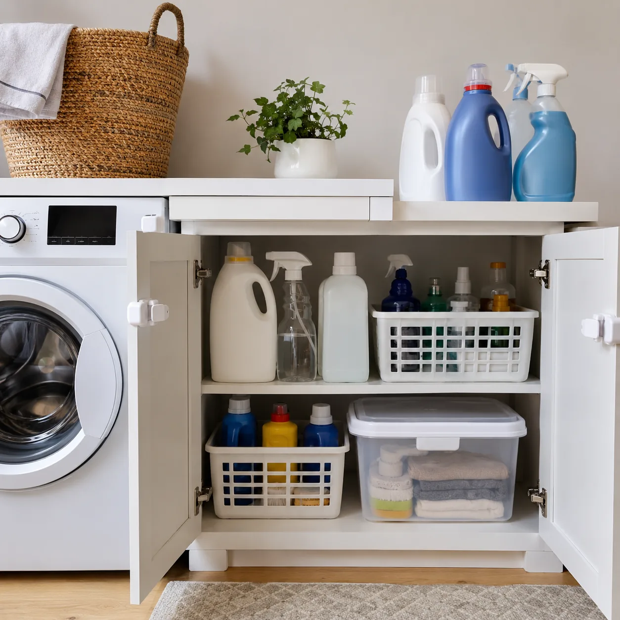 Realistic editorial photo of laundry detergent, cleaning supplies, and child-safe cabinet storage in a utility room, pra