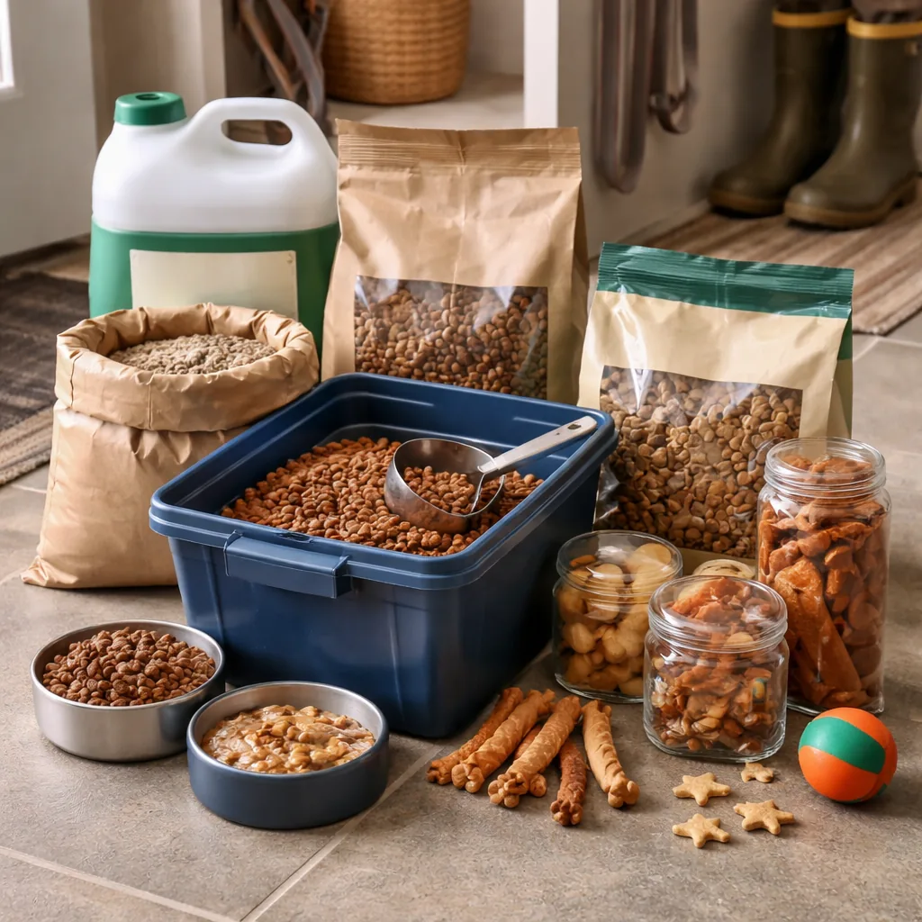 Realistic editorial photo of pet food, litter, treats, and measuring cup arranged in a mudroom, practical pet care shopp