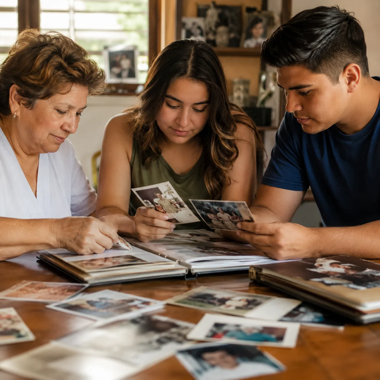 Realistic editorial photo of printed family photos being placed into an album by Latino relatives at a table, warm natur