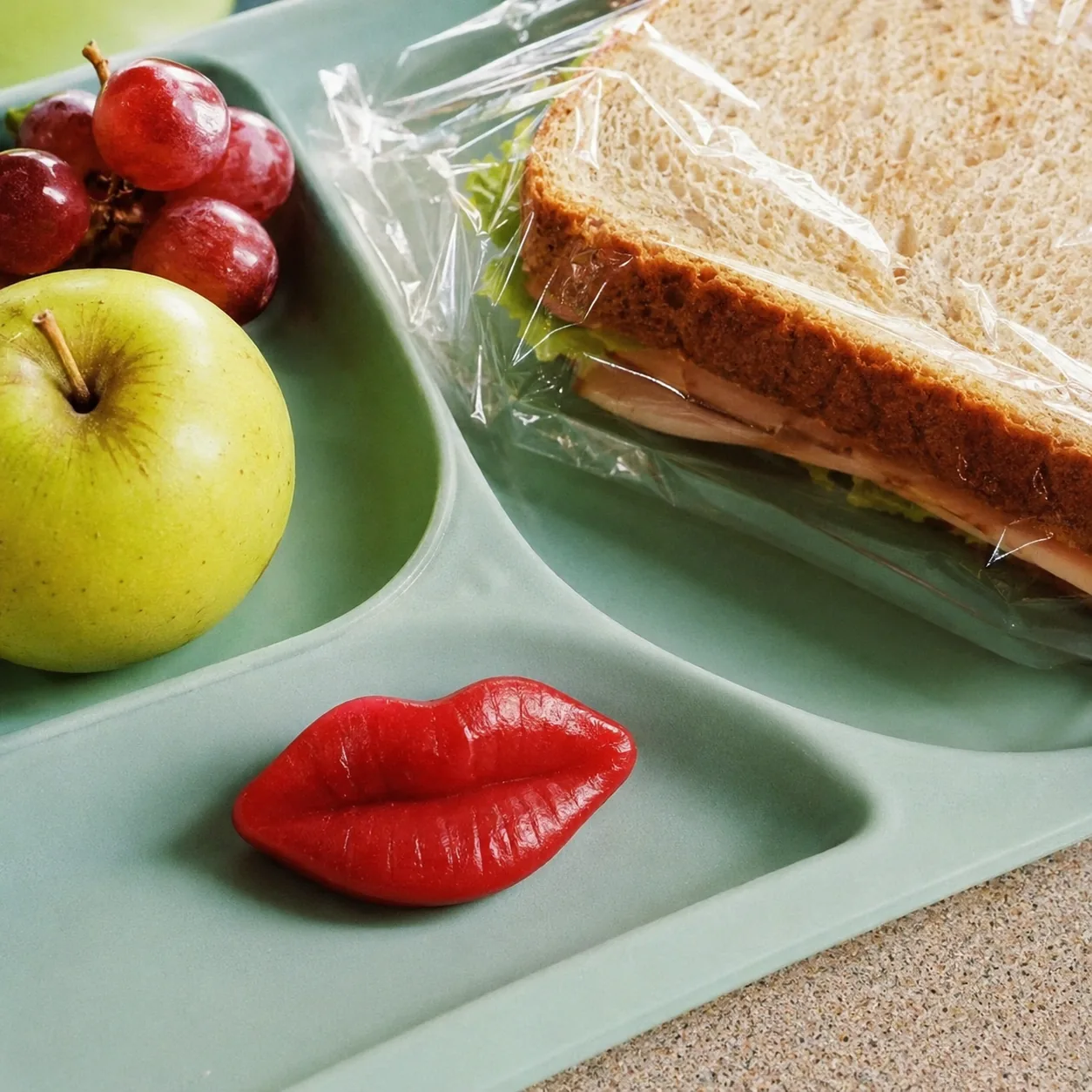 Realistic editorial photo of red wax lips candy on a lunch tray beside wrapped sandwiches and fruit, practical retro chi
