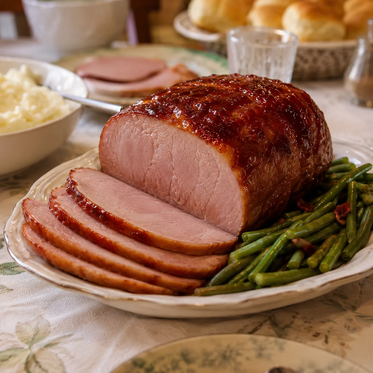 Realistic editorial photo of sliced ham loaf with a glaze on a serving platter beside green beans, practical old-fashion