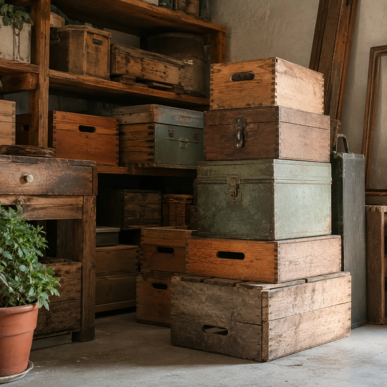 Realistic editorial photo of wooden crates and vintage storage boxes stacked neatly in a garage, warm natural light, 1:1