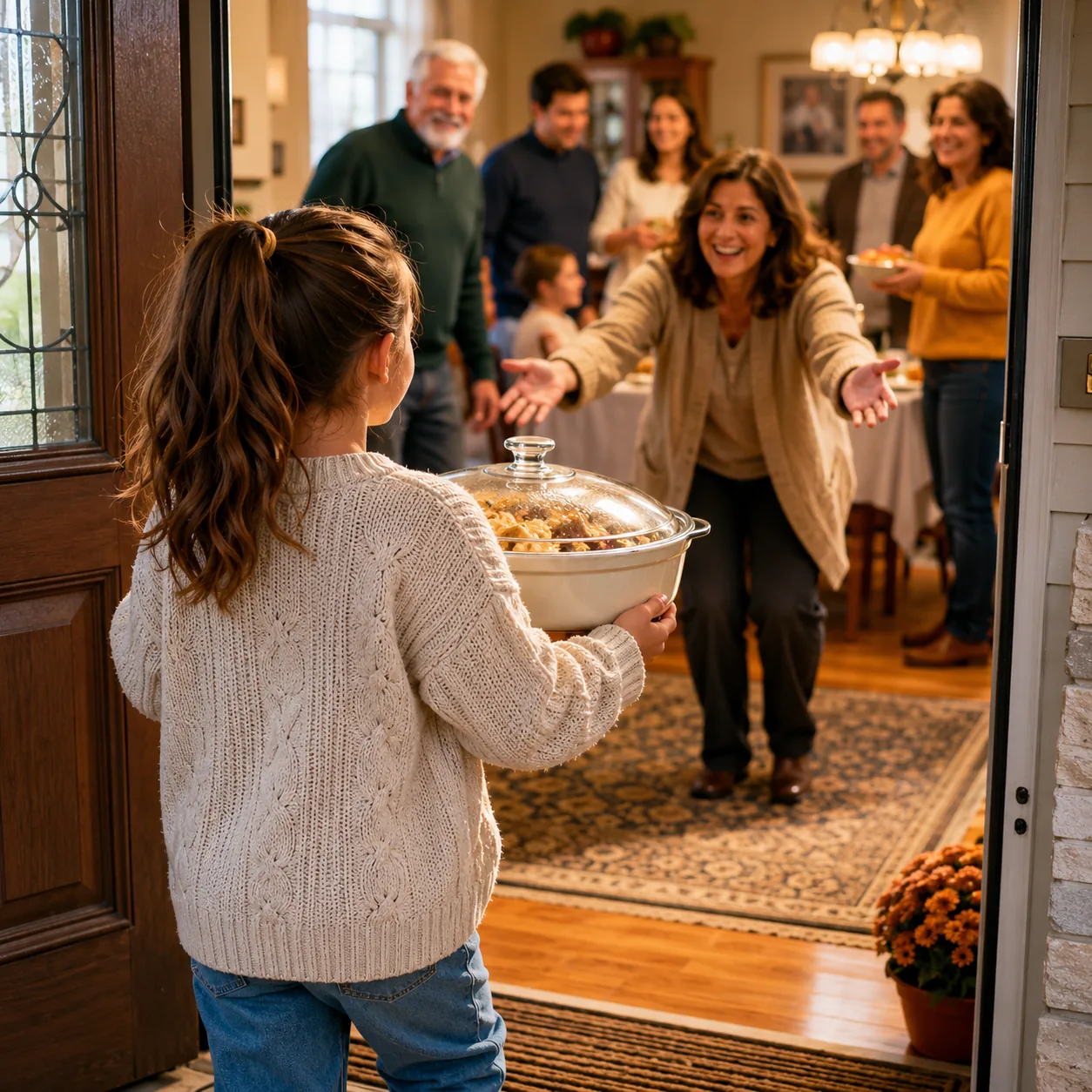 Realistic editorial photo of a child carrying a covered dish into a relative's home with family gathering in the backgro