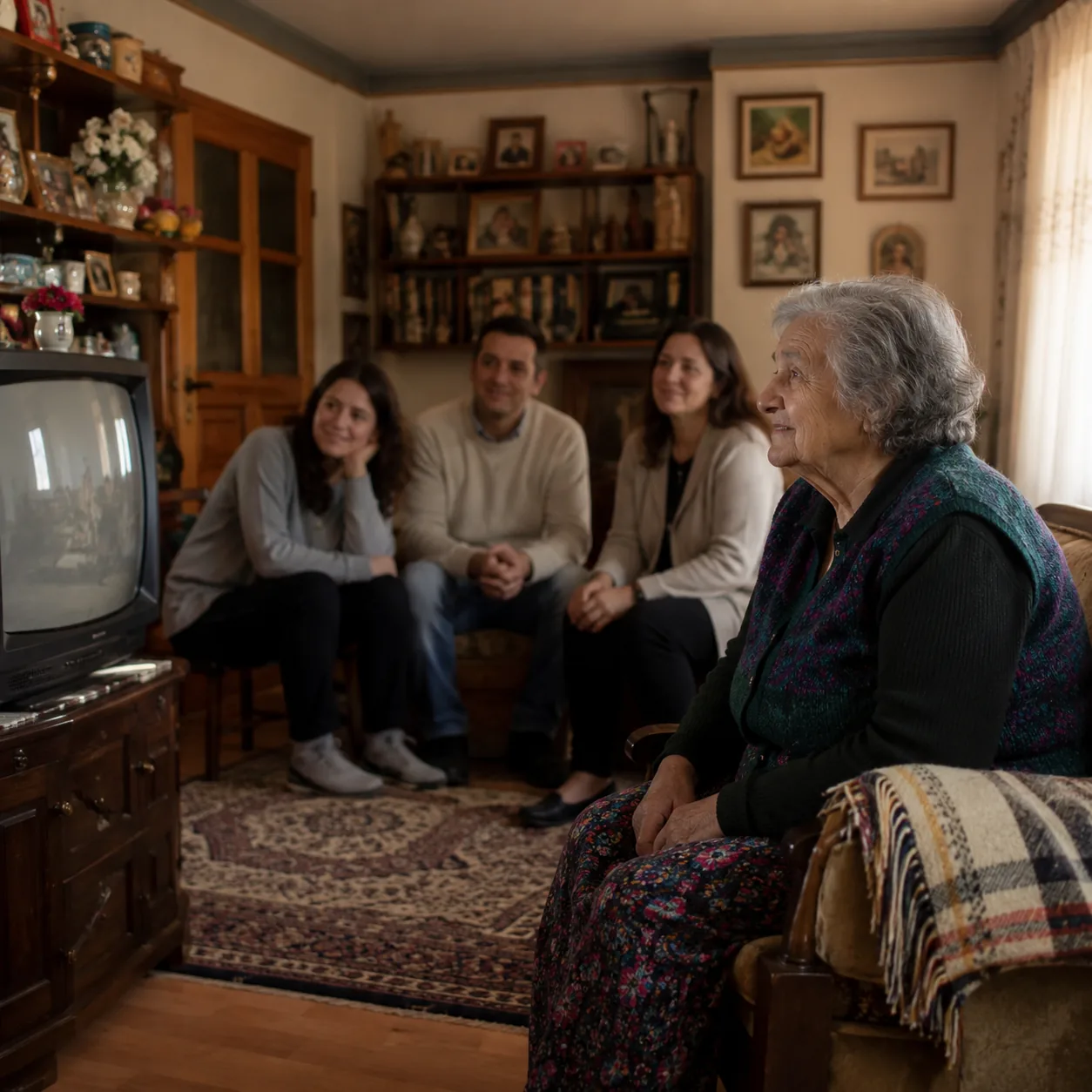 Realistic editorial photo of a grandmother watching an old television in a cozy living room while family sits nearby, wa