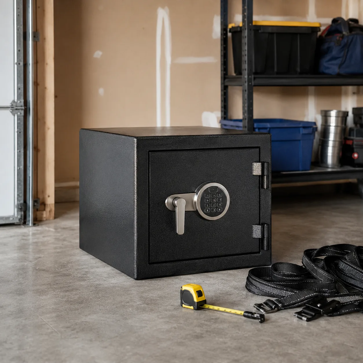 Realistic editorial photo of a home safe on a garage floor with moving straps and a measuring tape nearby, practical sec