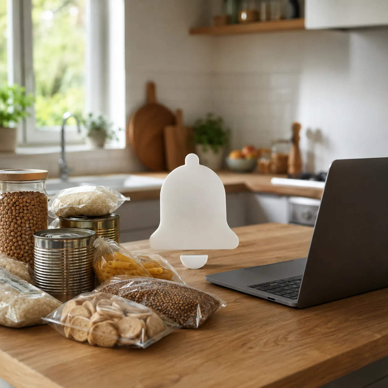 Realistic editorial photo of a kitchen counter with packaged food, a laptop, and a notification bell icon shape without