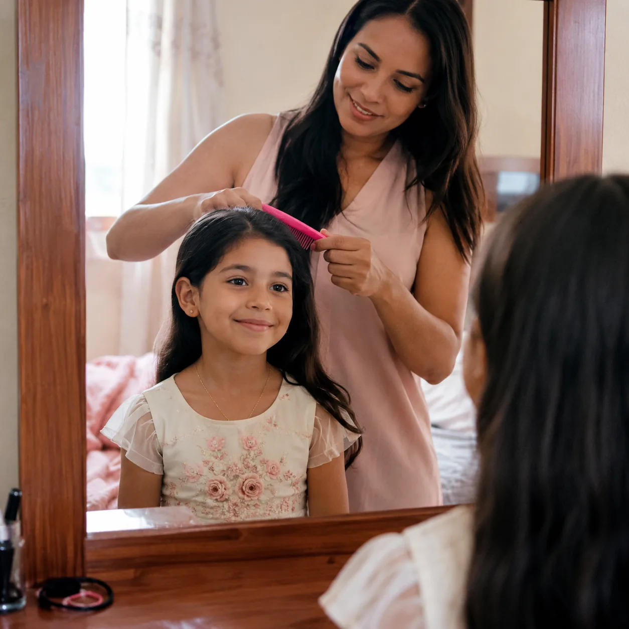 Realistic editorial photo of a Latina mother combing a child's hair before a family event in a bedroom mirror, warm natu