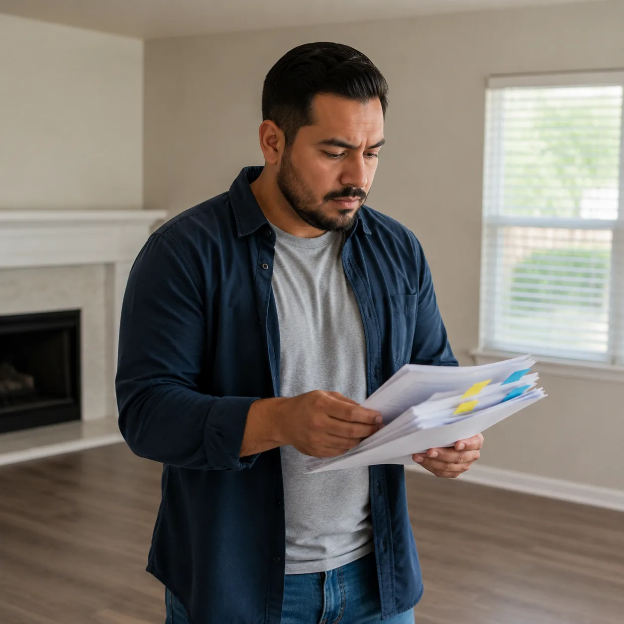 Realistic editorial photo of a Latino buyer reading a seller disclosure packet with sticky notes in an empty living room