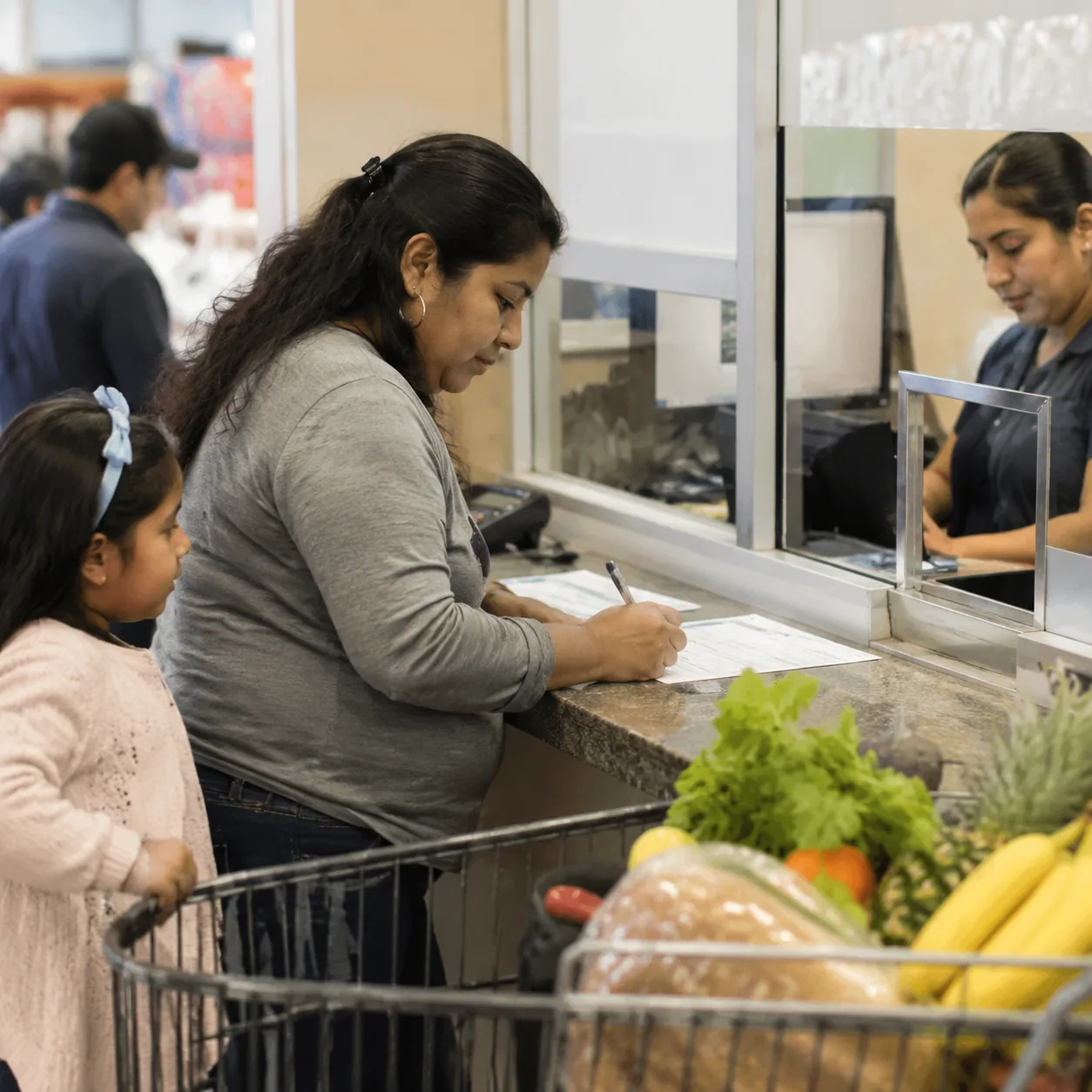 Realistic editorial photo of a Latino grocery store money transfer counter with a parent filling out a form and grocerie