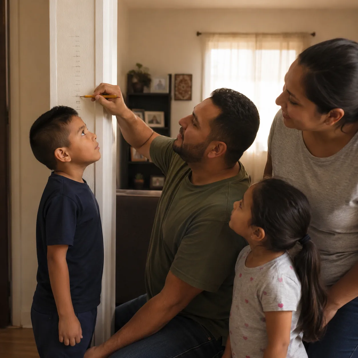 Realistic editorial photo of a Latino parent measuring a child's height on a doorway with pencil marks while family watc