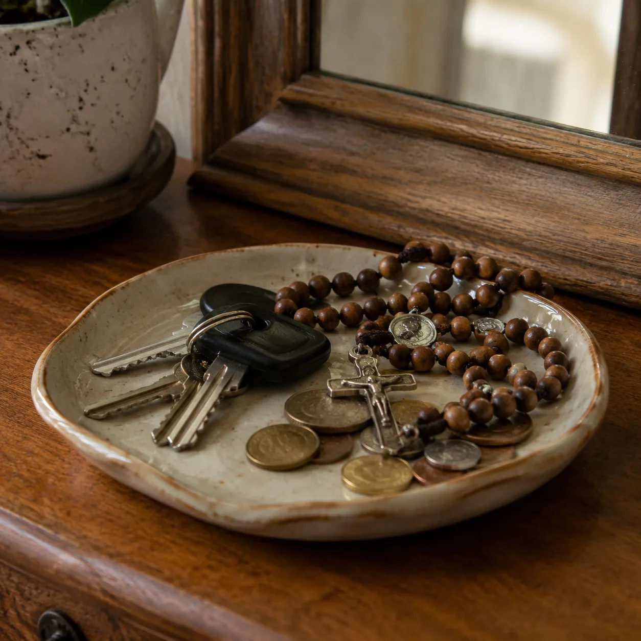 Realistic editorial photo of a small ceramic dish holding keys, coins, and a rosary on an entry table, warm natural ligh
