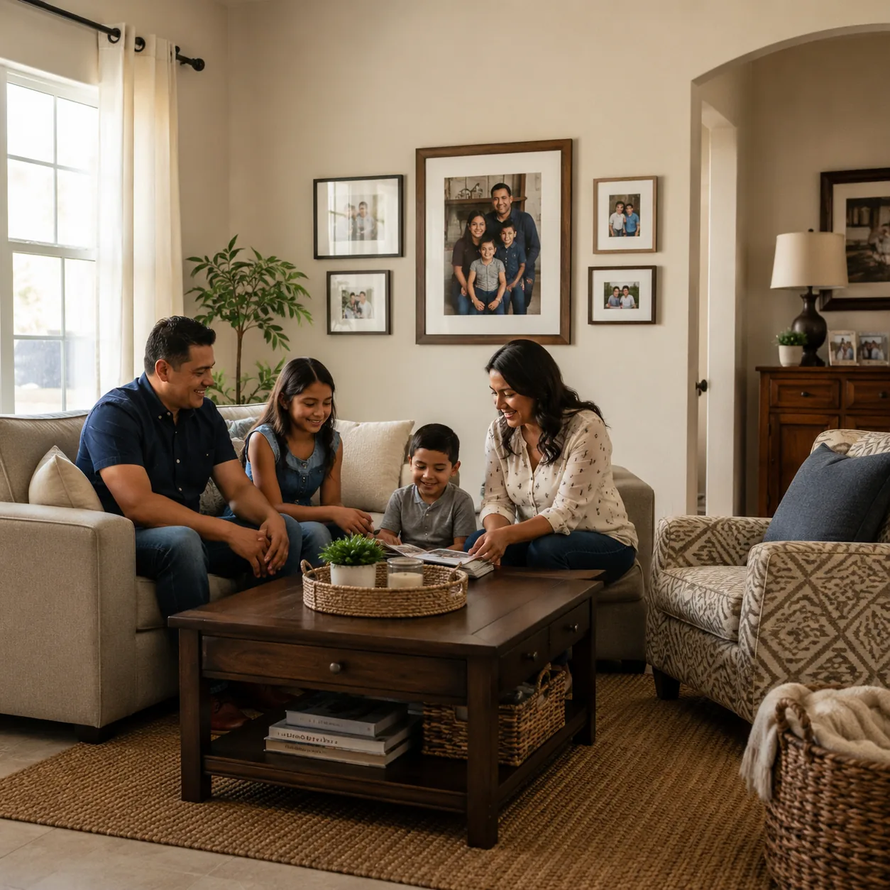 Realistic editorial photo of a tidy Latino family living room with framed photos, practical furniture, and a small stora