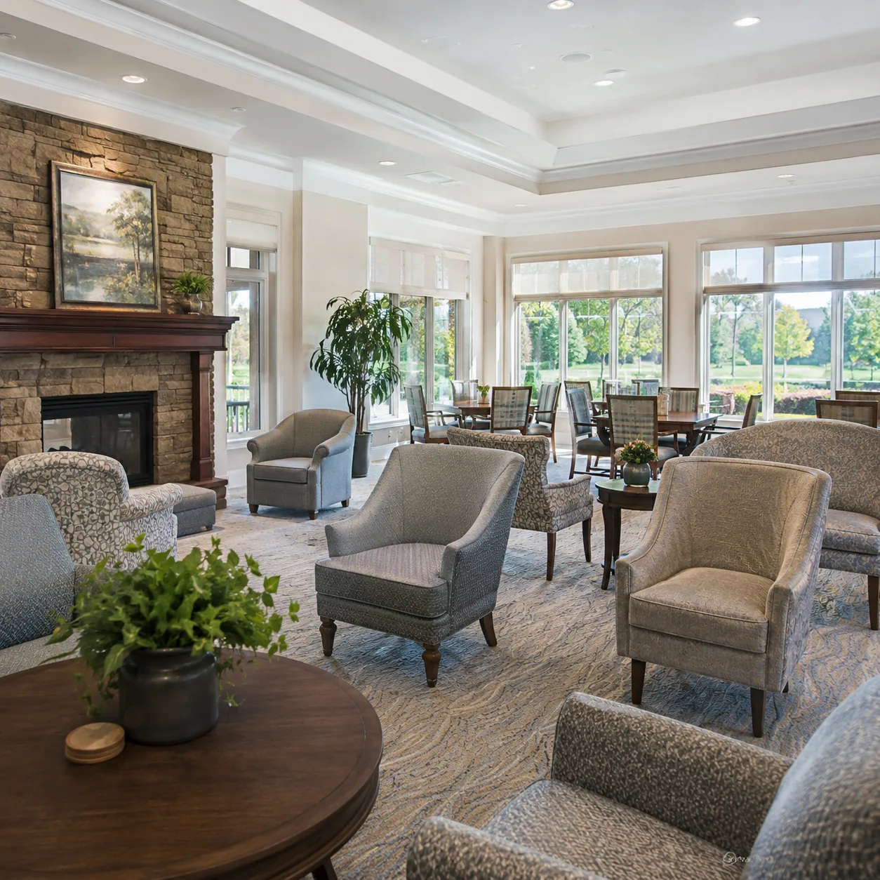 Realistic editorial photo of an empty retirement community clubhouse lounge on a bright afternoon with tidy chairs and n