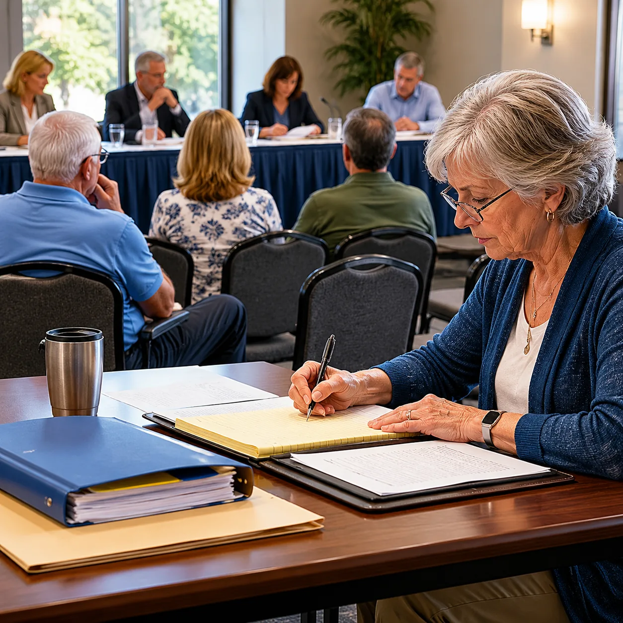 Realistic editorial photo of an HOA hearing setup with chairs, folders, and an older resident preparing notes, practical