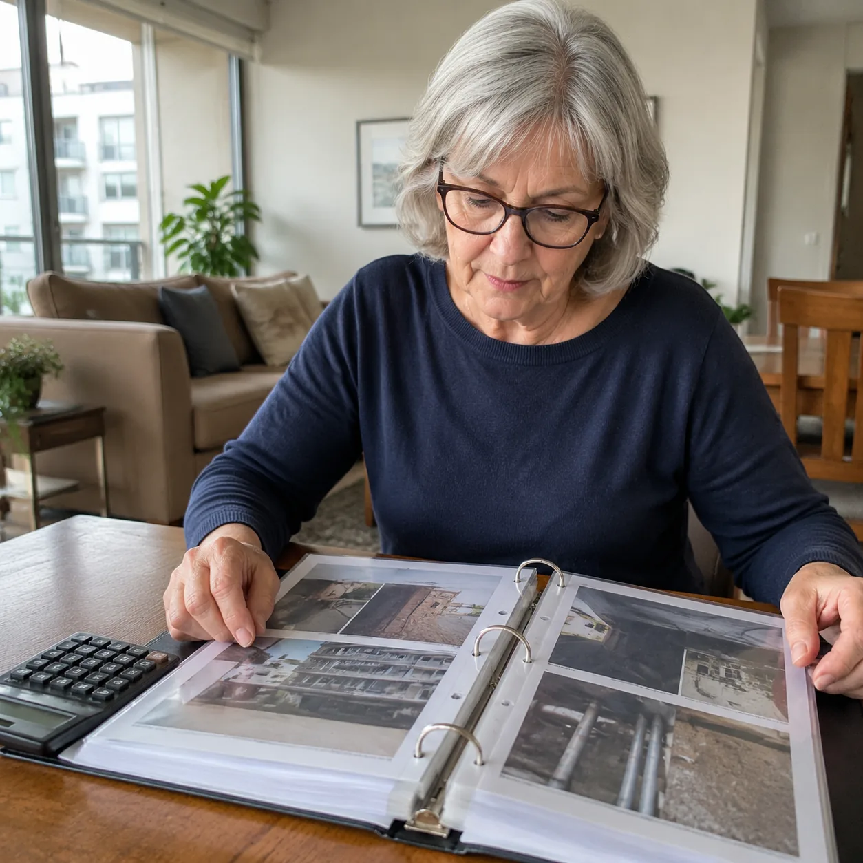 Realistic editorial photo of an older condo buyer reviewing a reserve study binder with building maintenance photos and